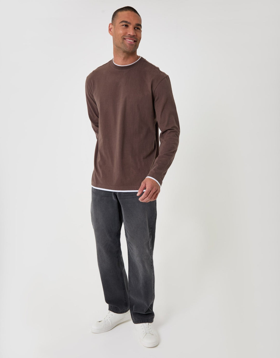 Threadbare Relaxed Fit Mock Layer Long Sleeve T-Shirt in Chocolate Brown - full body