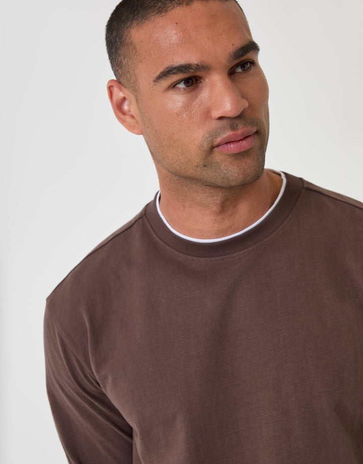 Threadbare Relaxed Fit Mock Layer Long Sleeve T-Shirt in Chocolate Brown - close up