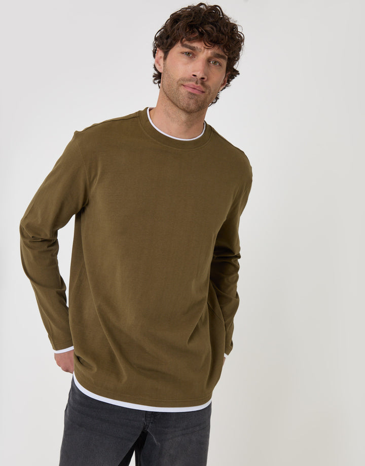 Threadbare Relaxed Fit Mock Layer Long Sleeve T-Shirt in Khaki - front view