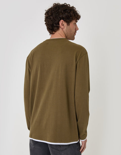 Threadbare Relaxed Fit Mock Layer Long Sleeve T-Shirt in Khaki - back view
