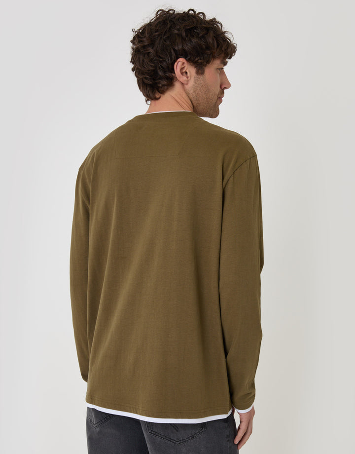 Threadbare Relaxed Fit Mock Layer Long Sleeve T-Shirt in Khaki - back view