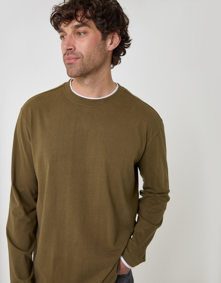 Threadbare Relaxed Fit Mock Layer Long Sleeve T-Shirt in Khaki - close up