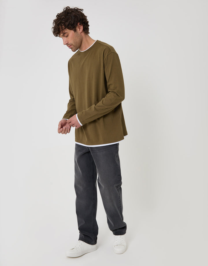 Threadbare Relaxed Fit Mock Layer Long Sleeve T-Shirt in Khaki - full body