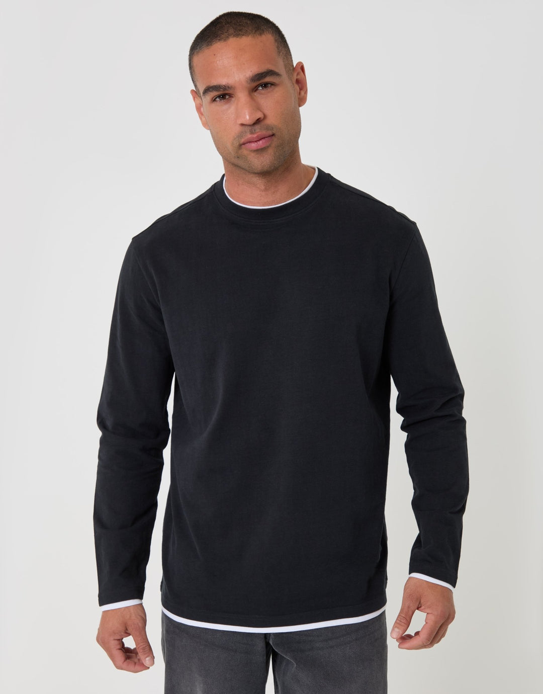 Threadbare Relaxed Fit Mock Layer Long Sleeve T-Shirt in Black - front view