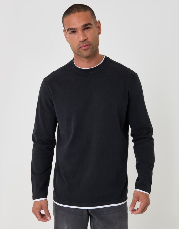 Threadbare Relaxed Fit Mock Layer Long Sleeve T-Shirt in Black - front view