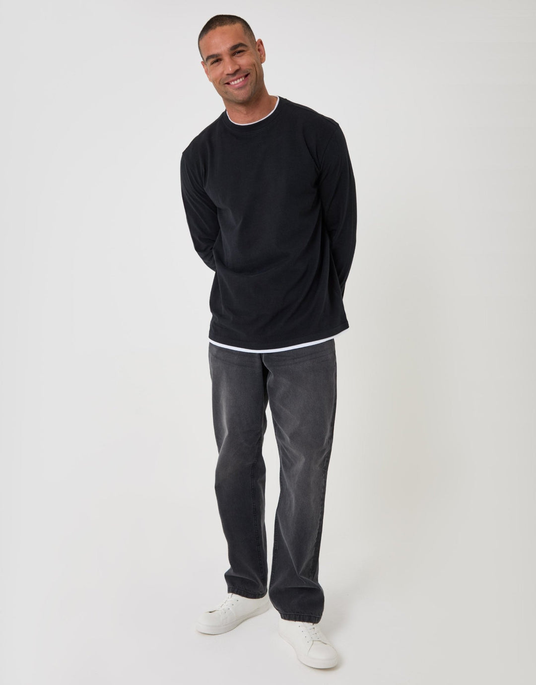 Threadbare Relaxed Fit Mock Layer Long Sleeve T-Shirt in Black - full body