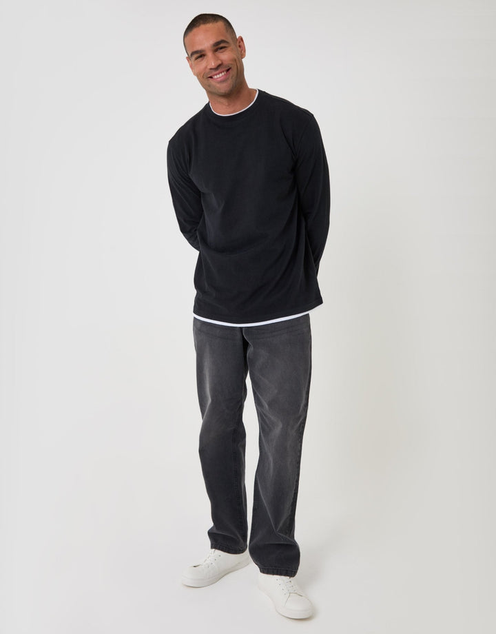 Threadbare Relaxed Fit Mock Layer Long Sleeve T-Shirt in Black - full body