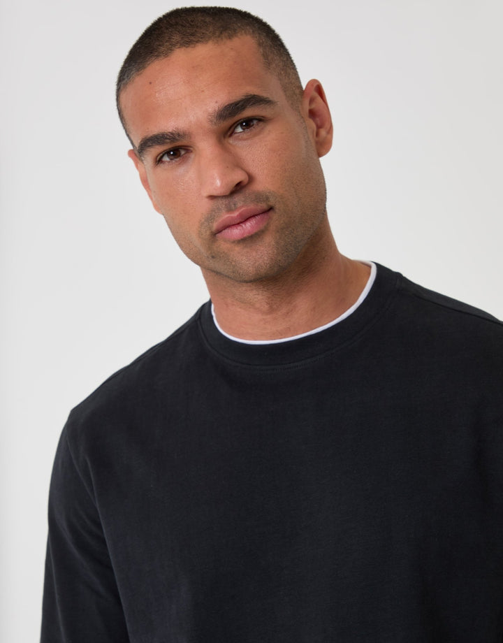 Threadbare Relaxed Fit Mock Layer Long Sleeve T-Shirt in Black - close up