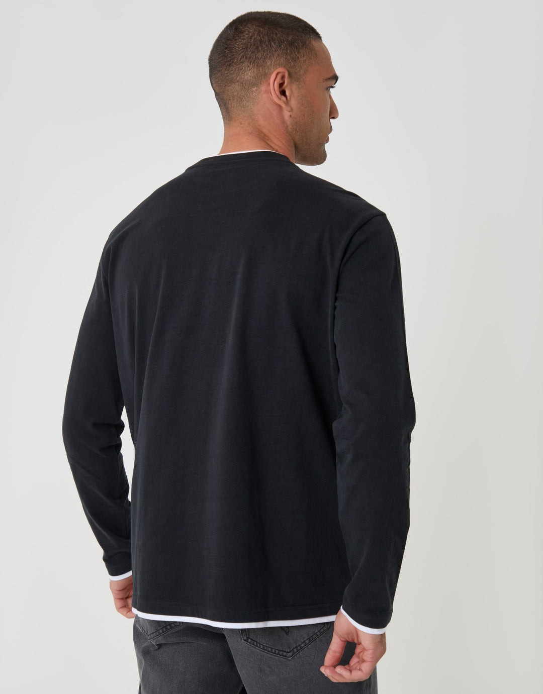 Threadbare Relaxed Fit Mock Layer Long Sleeve T-Shirt in Black - back view