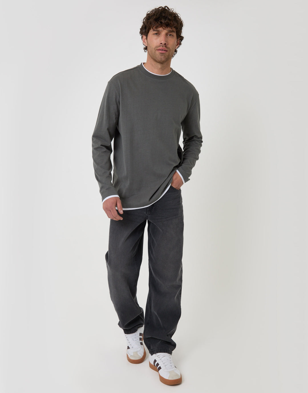 Relaxed Fit Mock Layer Long Sleeve T-Shirt in Charcoal