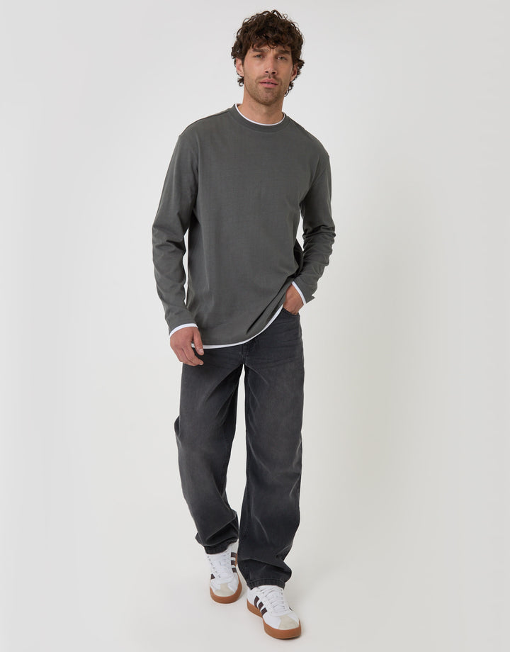 Relaxed Fit Mock Layer Long Sleeve T-Shirt in Charcoal