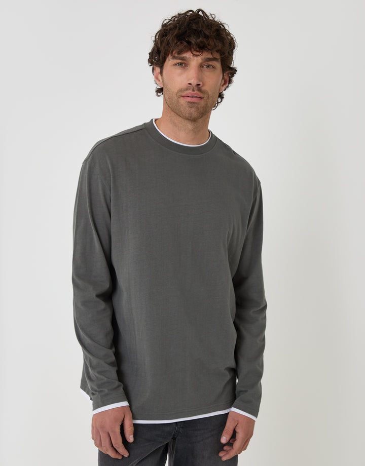 Relaxed Fit Mock Layer Long Sleeve T-Shirt in Charcoal