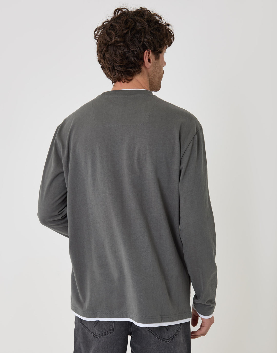Relaxed Fit Mock Layer Long Sleeve T-Shirt in Charcoal