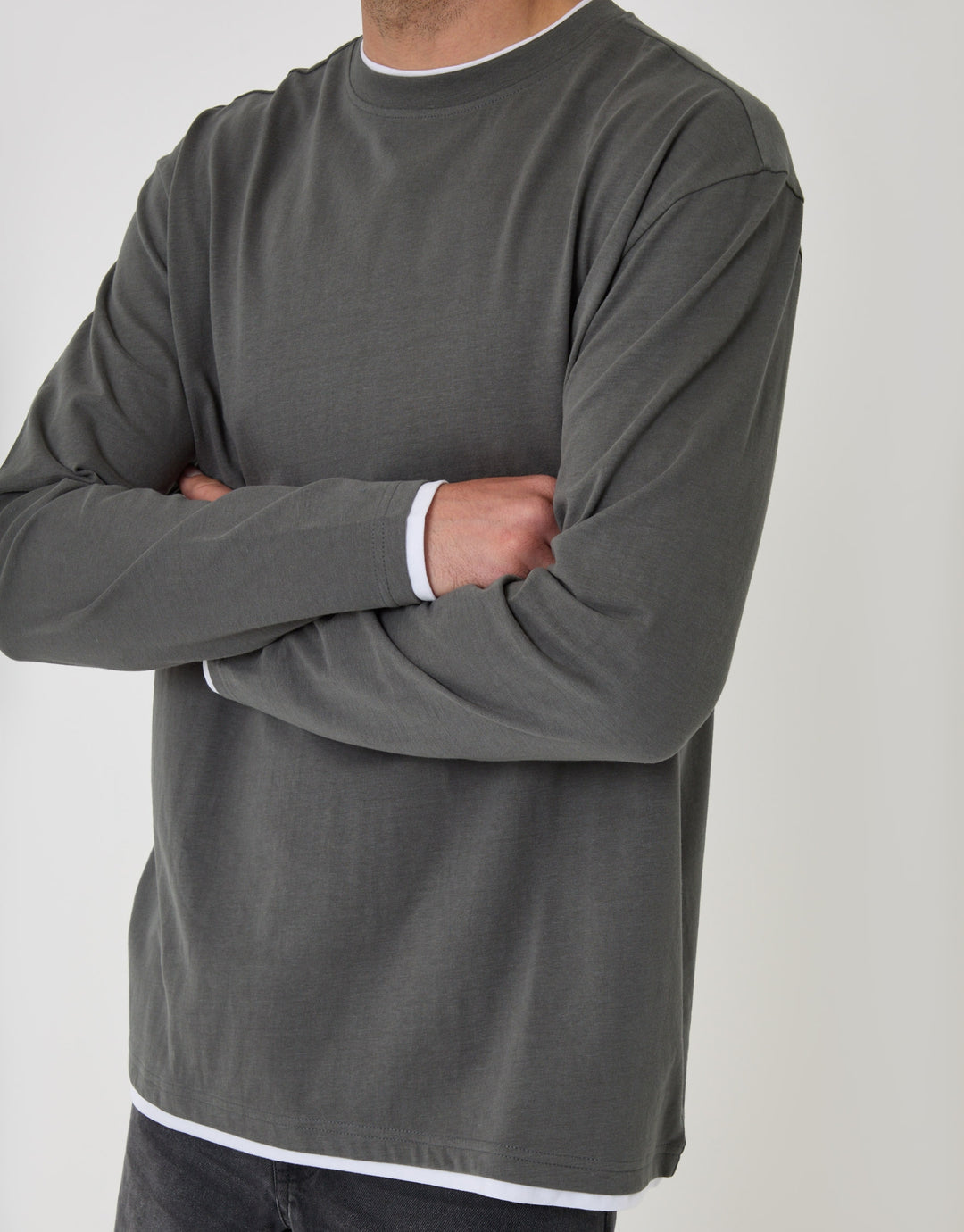 Relaxed Fit Mock Layer Long Sleeve T-Shirt in Charcoal