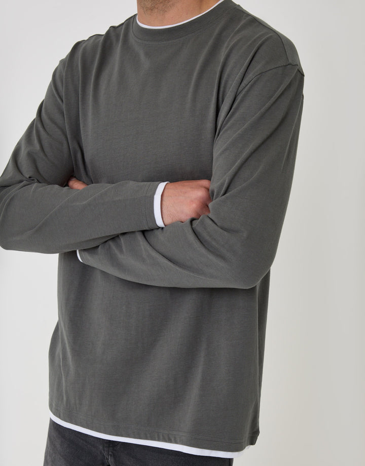 Relaxed Fit Mock Layer Long Sleeve T-Shirt in Charcoal