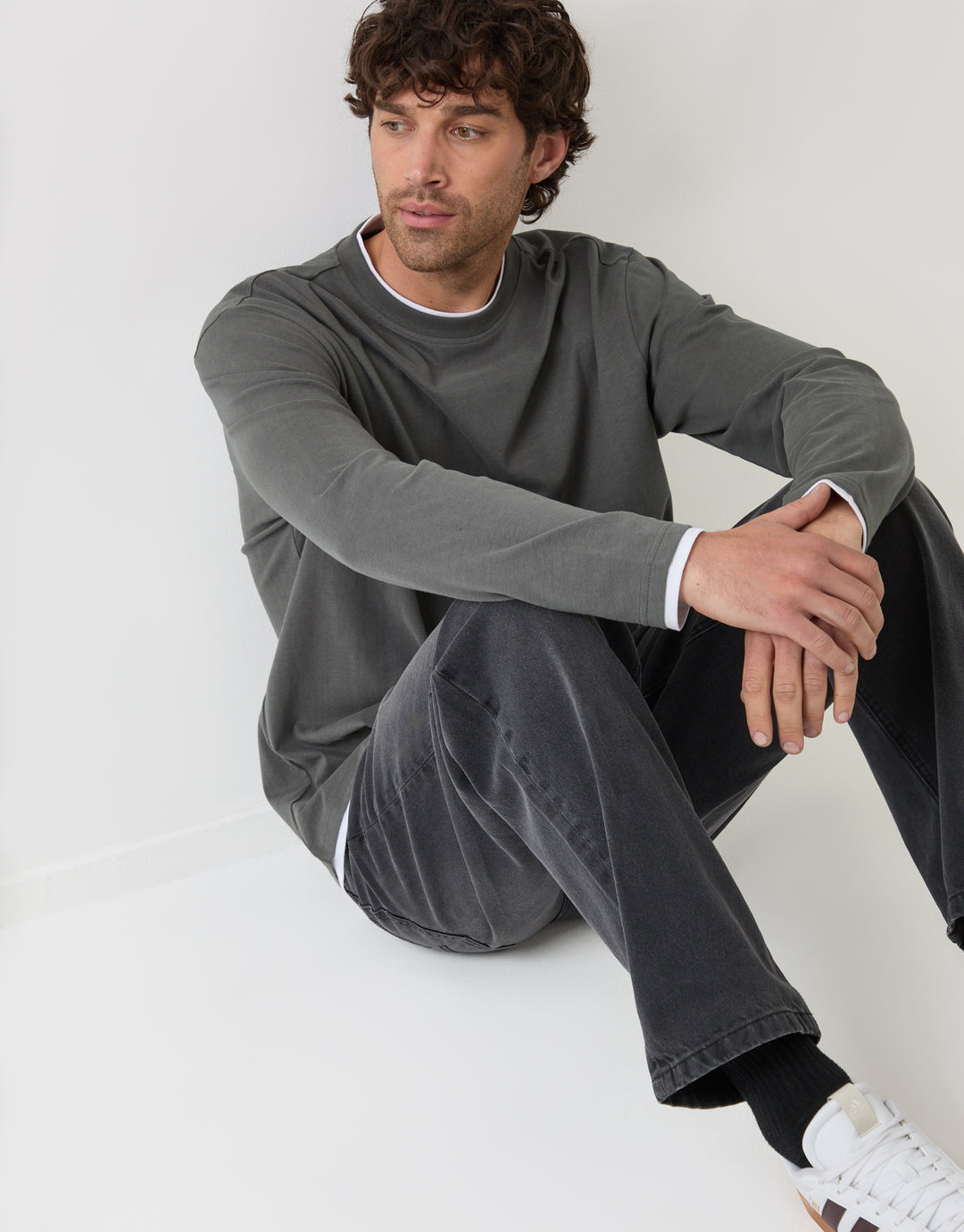 Relaxed Fit Mock Layer Long Sleeve T-Shirt in Charcoal