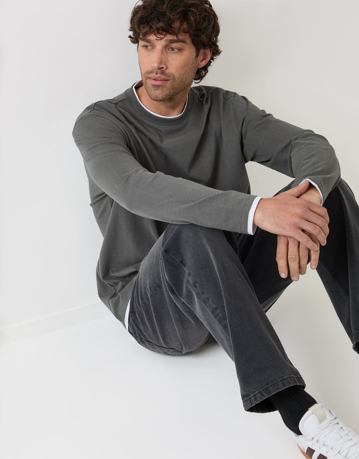 Relaxed Fit Mock Layer Long Sleeve T-Shirt in Charcoal