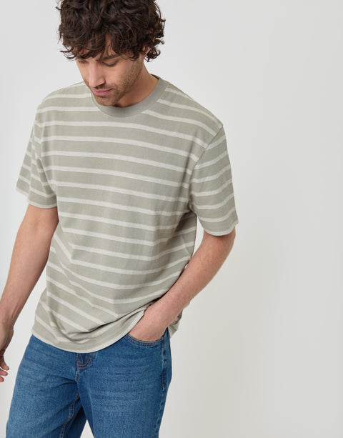 Threadbare Relaxed Fit Stripe Cotton T-Shirt in Sage Green - front view