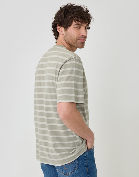 Threadbare Relaxed Fit Stripe Cotton T-Shirt in Sage Green - back view