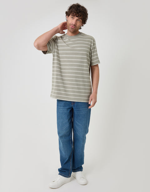 Threadbare Relaxed Fit Stripe Cotton T-Shirt in Sage Green - full body