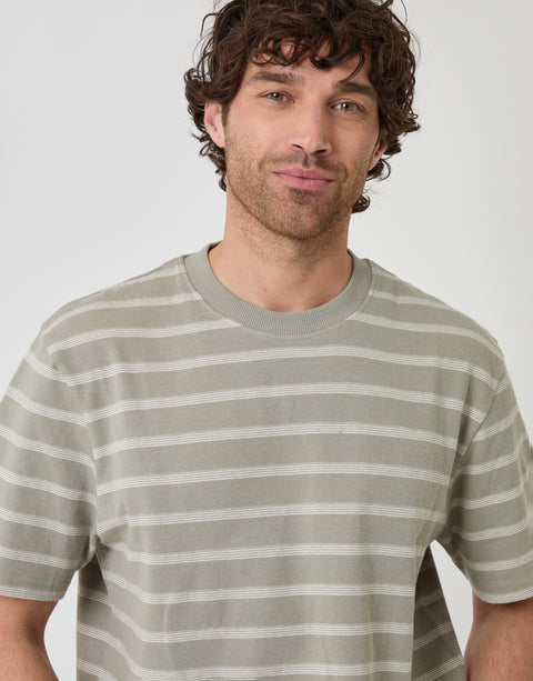 Threadbare Relaxed Fit Stripe Cotton T-Shirt in Sage Green - close up