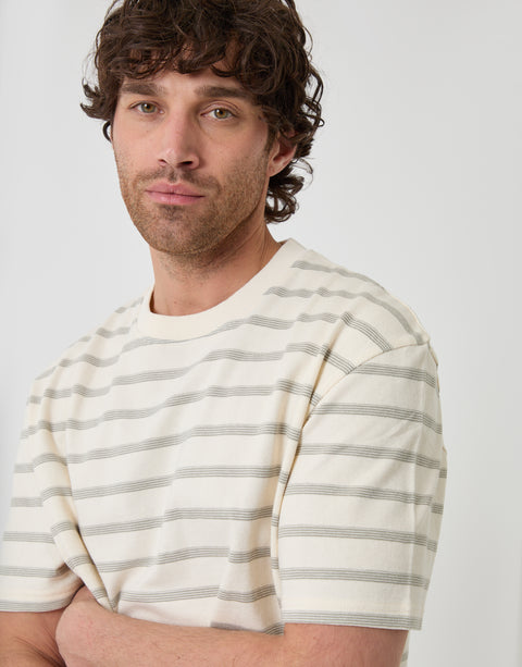 Threadbare Relaxed Fit Stripe Cotton T-Shirt in Ecru - front view