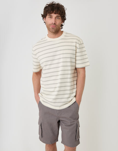 Threadbare Relaxed Fit Stripe Cotton T-Shirt in Ecru - front view