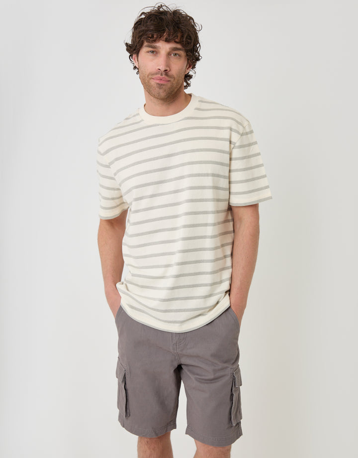 Threadbare Relaxed Fit Stripe Cotton T-Shirt in Ecru - front view