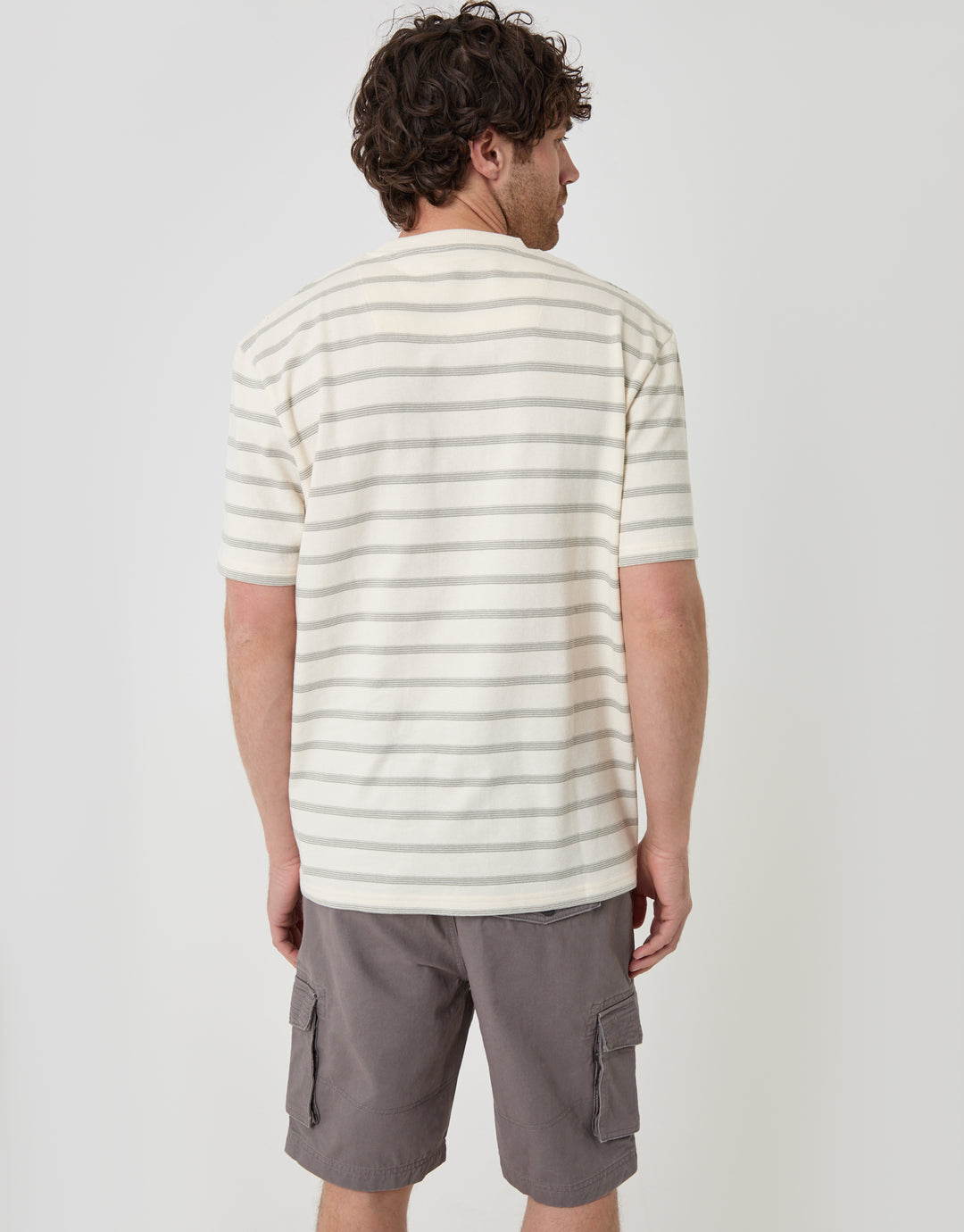Threadbare Relaxed Fit Stripe Cotton T-Shirt in Ecru - back view