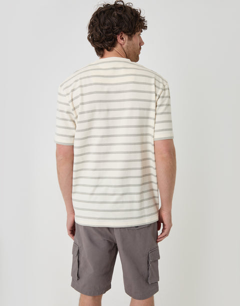 Threadbare Relaxed Fit Stripe Cotton T-Shirt in Ecru - back view