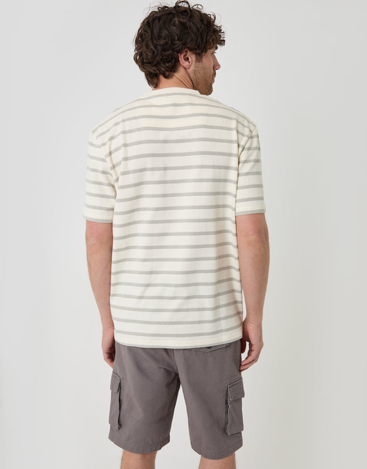 Threadbare Relaxed Fit Stripe Cotton T-Shirt in Ecru - back view