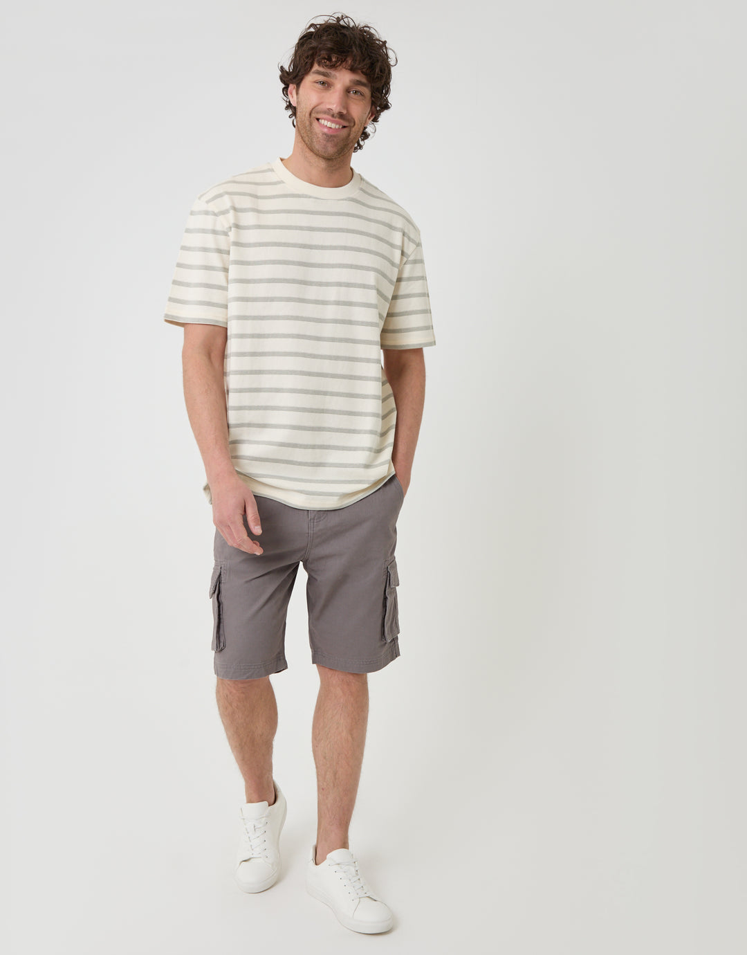 Threadbare Relaxed Fit Stripe Cotton T-Shirt in Ecru - full body