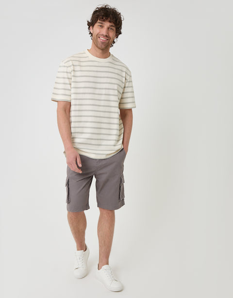 Threadbare Relaxed Fit Stripe Cotton T-Shirt in Ecru - full body