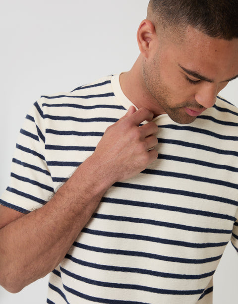 Threadbare Cotton Crew Neck T-Shirt in Ecru Stripe - close up
