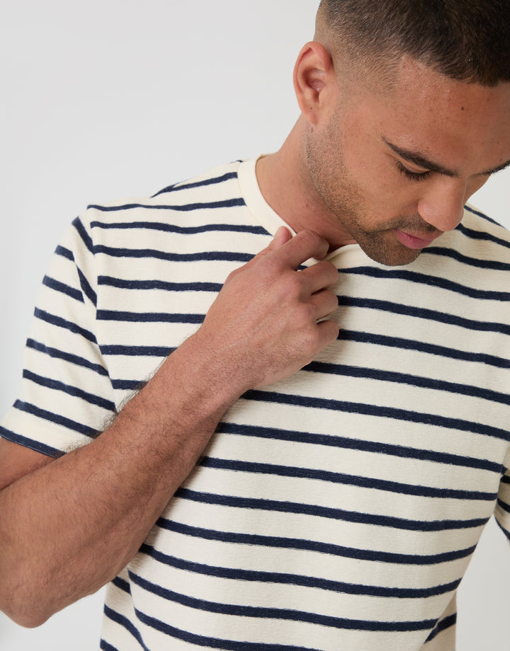 Threadbare Cotton Crew Neck T-Shirt in Ecru Stripe - close up