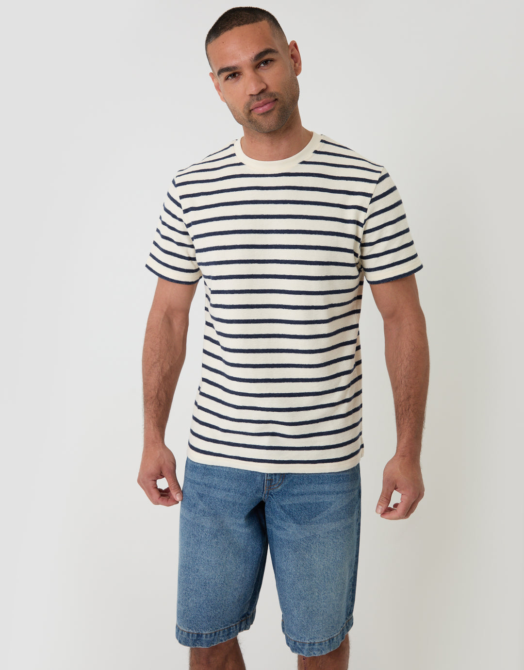 Threadbare Cotton Crew Neck T-Shirt in Ecru Stripe - front view