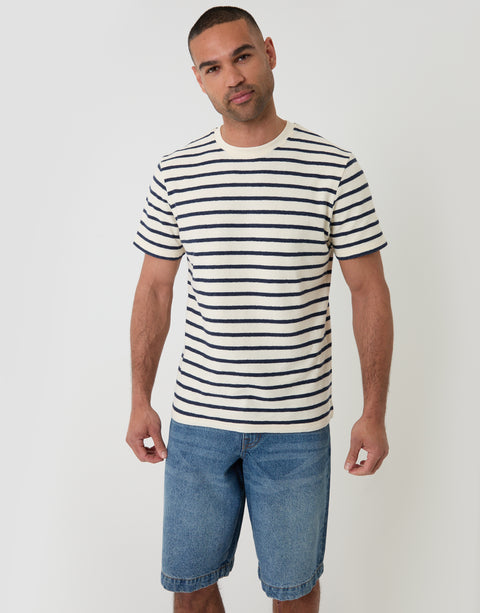 Threadbare Cotton Crew Neck T-Shirt in Ecru Stripe - front view