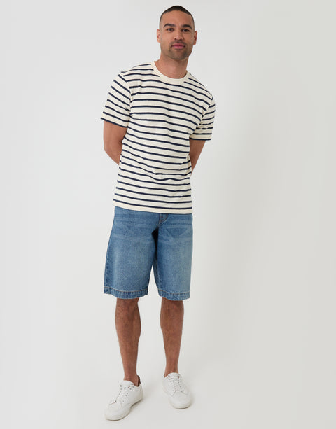 Threadbare Cotton Crew Neck T-Shirt in Ecru Stripe - full body