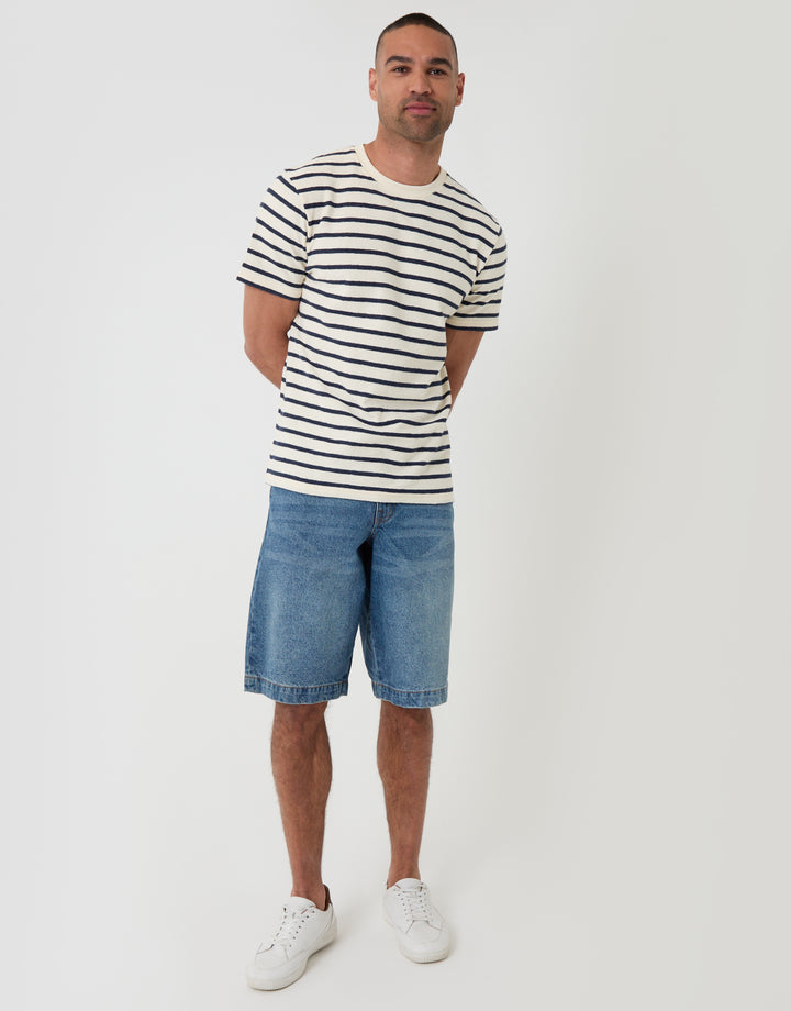 Threadbare Cotton Crew Neck T-Shirt in Ecru Stripe - full body