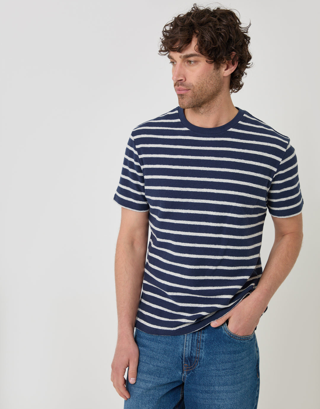 Threadbare Cotton Crew Neck T-Shirt in Navy Stripe - front view
