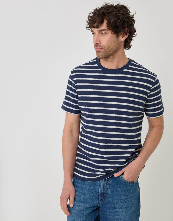 Threadbare Cotton Crew Neck T-Shirt in Navy Stripe - front view