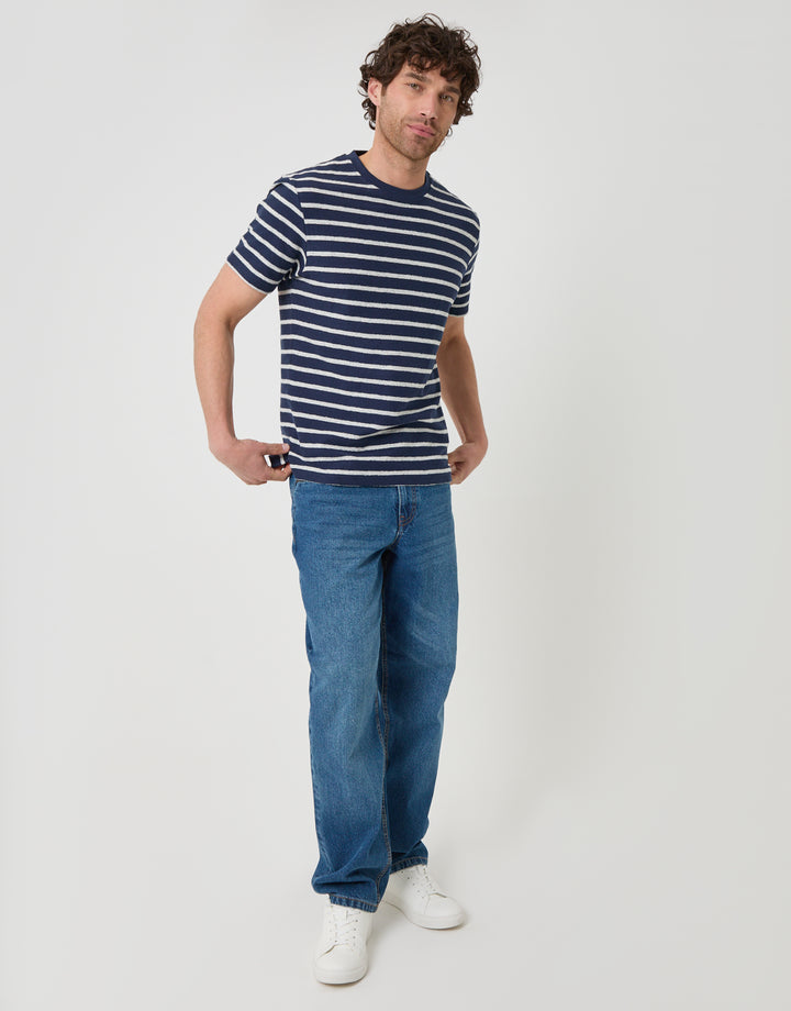 Threadbare Cotton Crew Neck T-Shirt in Navy Stripe - full body