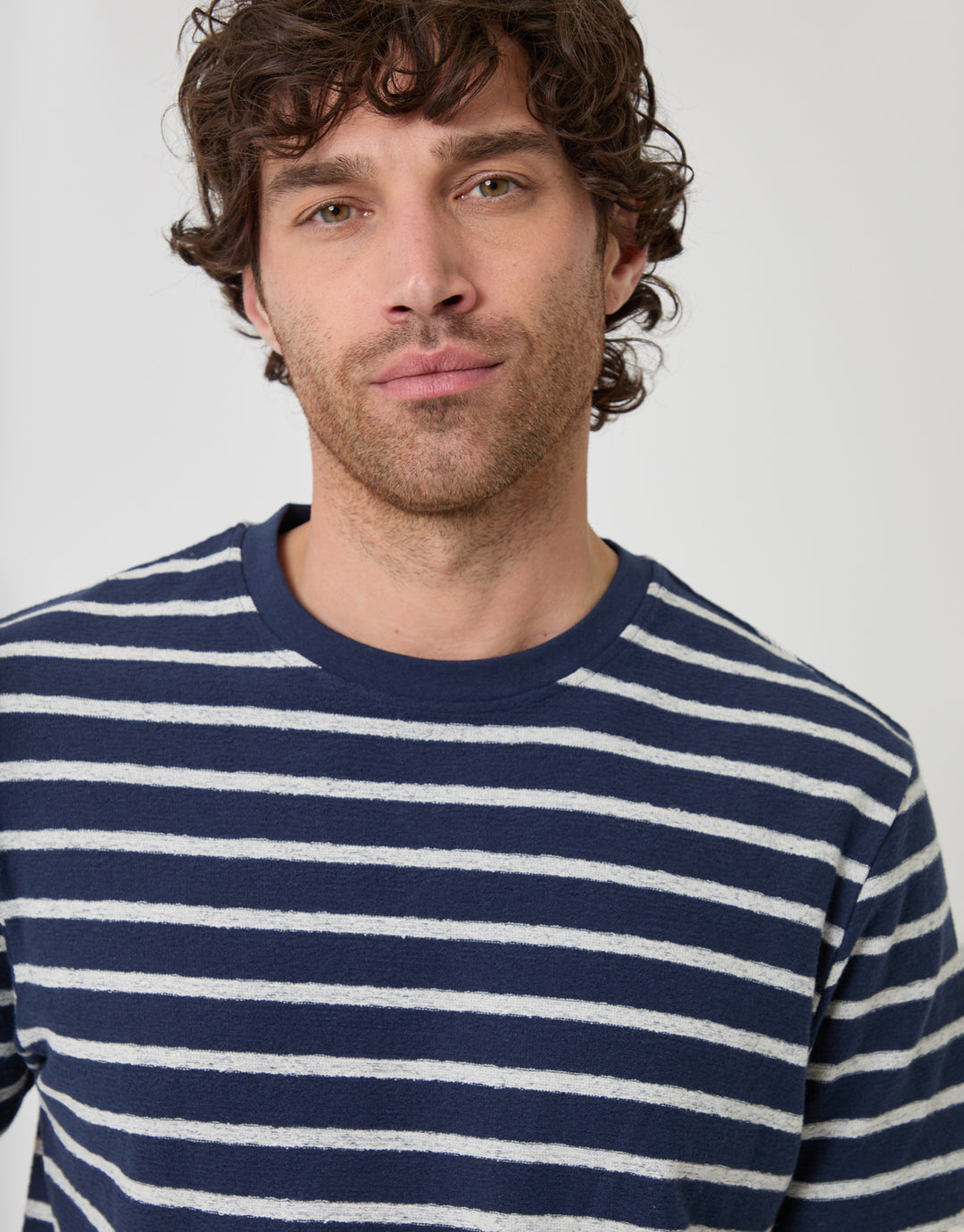 Threadbare Cotton Crew Neck T-Shirt in Navy Stripe - close up