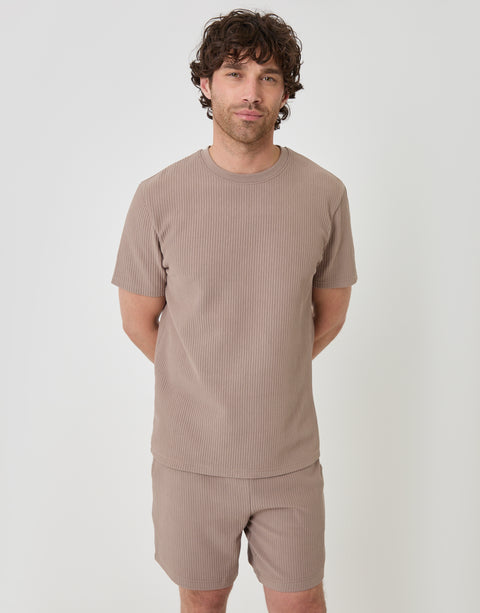 Threadbare Textured Rib Cotton Crew Neck T-Shirt in Taupe - front view