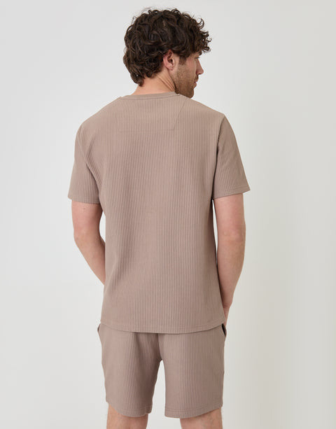 Threadbare Textured Rib Cotton Crew Neck T-Shirt in Taupe - back view