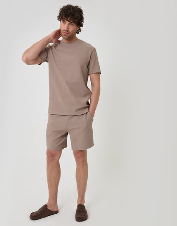 Threadbare Textured Rib Cotton Crew Neck T-Shirt in Taupe - full body