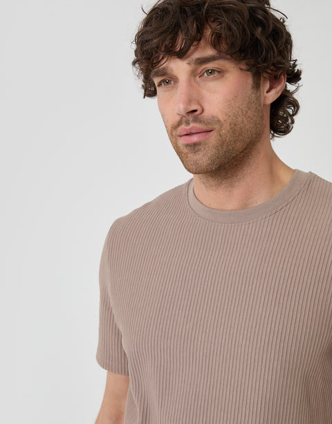Threadbare Textured Rib Cotton Crew Neck T-Shirt in Taupe - close up