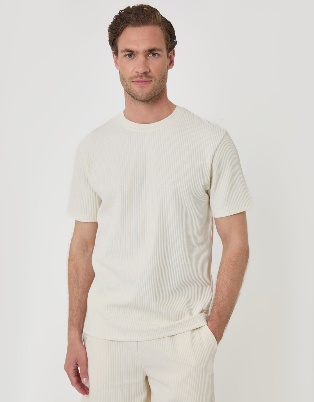 Threadbare Textured Rib Cotton Crew Neck T-Shirt in Ecru - front view