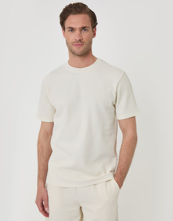 Threadbare Textured Rib Cotton Crew Neck T-Shirt in Ecru - front view