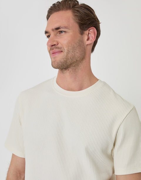Threadbare Textured Rib Cotton Crew Neck T-Shirt in Ecru - front detail view